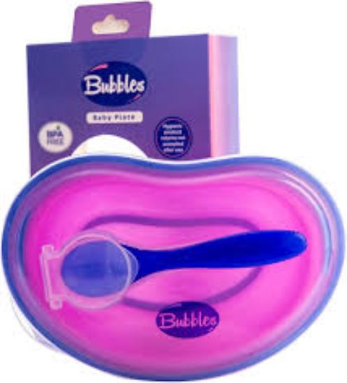 BUBBLES BABY PLATE طبق ازرق بغطاء + ملعقه