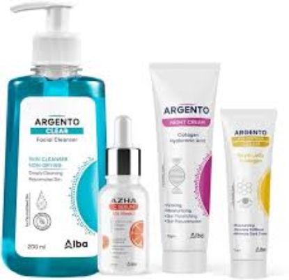 ARGENTO CLEAR FOCIAL CLEANSER 200ML ARGENTO EYE CONTOUR 15ML ARGENTO NIGHT CREAM 30 ML& AZHA VITAMIN C SERUM &AZHA NIGHT COLLAGEN HYALURANIC ACID CREAM