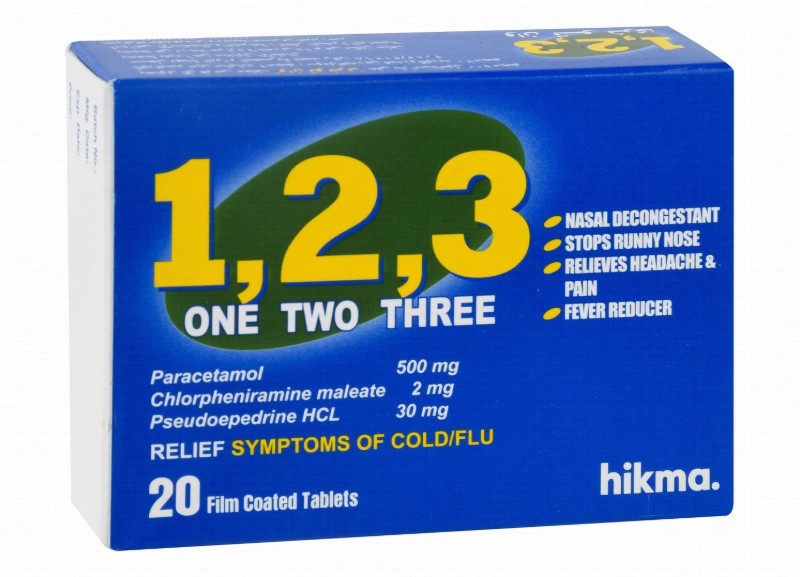 1,2,3 500mg Paracetamol, 2mg Chlorpheniramine & 30mg Pseudoephedrine Cold & Flu Relief Medication