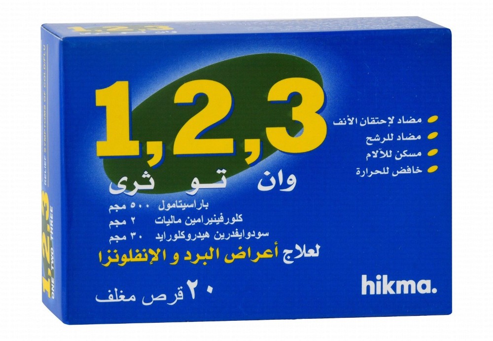 1,2,3 500mg Paracetamol, 2mg Chlorpheniramine & 30mg Pseudoephedrine Cold & Flu Relief Medication
