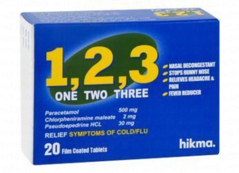 1,2,3 500mg Paracetamol, 2mg Chlorpheniramine & 30mg Pseudoephedrine Cold & Flu Relief Medication