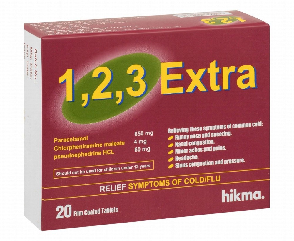 1,2,3 Extra 650mg Paracetamol, 4mg Chlorpheniramine Maleate & 60mg Pseudoephedrine HCL for Cold & Flu Relief (12+ Years)