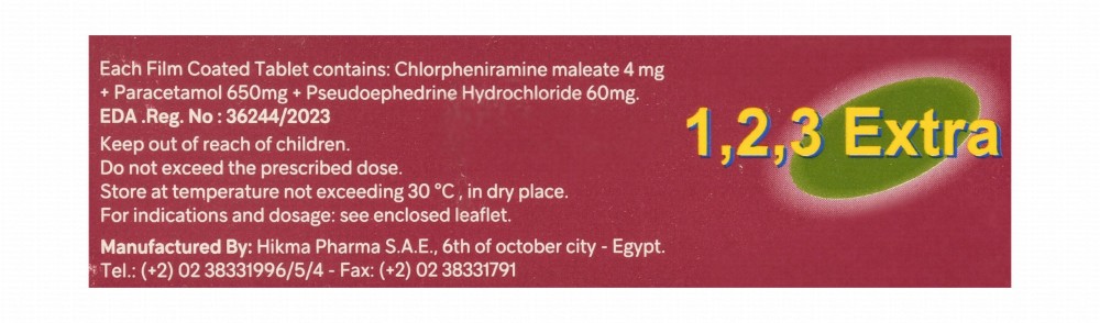 1,2,3 Extra 650mg Paracetamol, 4mg Chlorpheniramine Maleate & 60mg Pseudoephedrine HCL for Cold & Flu Relief (12+ Years)