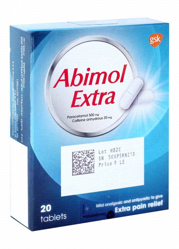 Abimol Extra 500mg Paracetamol & 30mg Caffeine Anhydrous Analgesic & Antipyretic