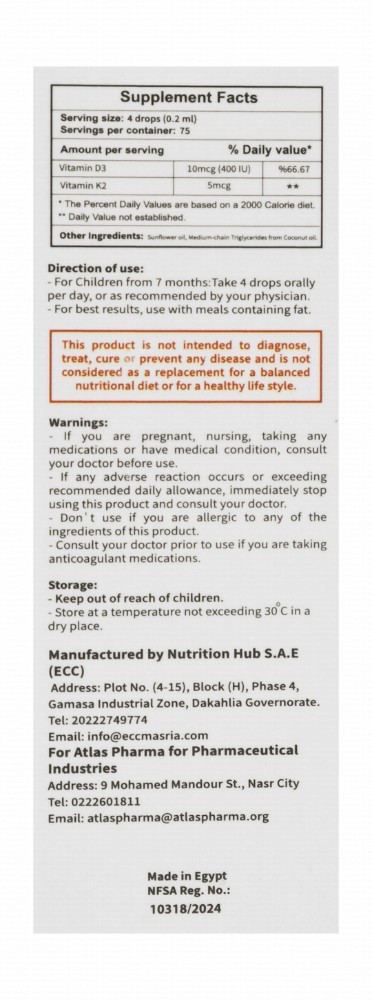Atla DK 10mcg Vitamin D3 & 5mcg Vitamin K2 Bones Health Support Oral Supplement Drops (7+ Months)