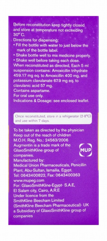 Augmentin 400mg/5ml Amoxicillin & 57mg/5ml Clavulanic Acid Oral Suspension Powder Mixed Fruits Flavor