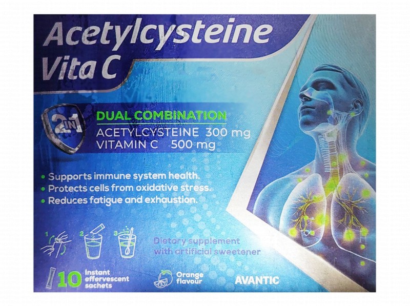 Avantic 300mg Acetylcysteine & 500mg Vitamin C Immune System Health, Fatigue & Oxidative Stress Support Supplement Effervescent Sachets Orange Flavor