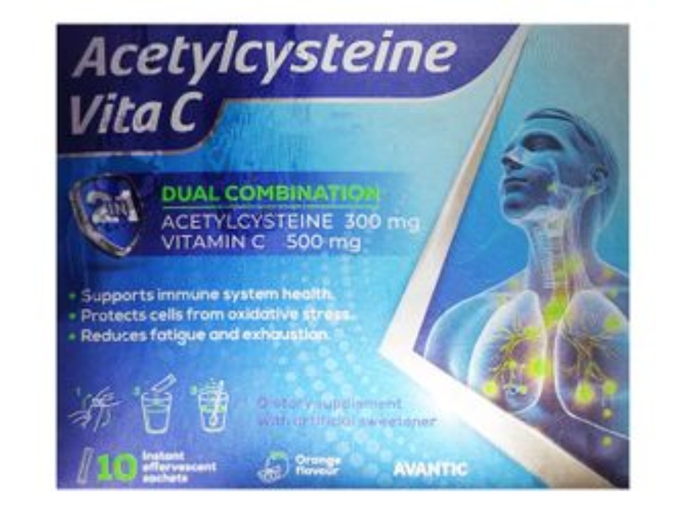 Avantic 300mg Acetylcysteine & 500mg Vitamin C Immune System Health, Fatigue & Oxidative Stress Support Supplement Effervescent Sachets Orange Flavor