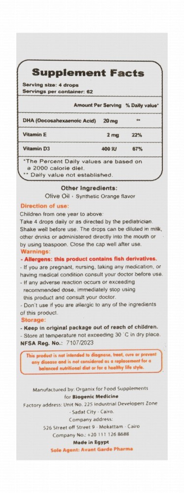 Avantossis 400 IU Vitamin D3 & 20mg DHA Bone Health Support Oral Supplement Drops Orange Flavor (1+ Years)