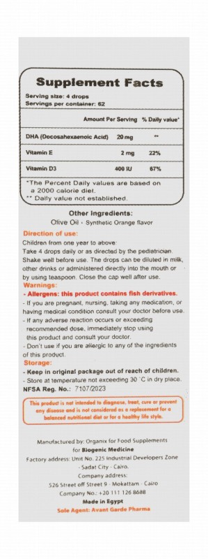 Avantossis 400 IU Vitamin D3 & 20mg DHA Bone Health Support Oral Supplement Drops Orange Flavor (1+ Years)