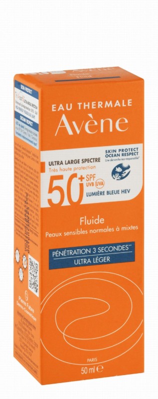 Avène Eau Thermale Water-Resistant Broad Spectrum Ultra Light Facial Sunscreen Fluid for Normal, Combination & Sensitive Skin SPF50+ - non comedogenic
