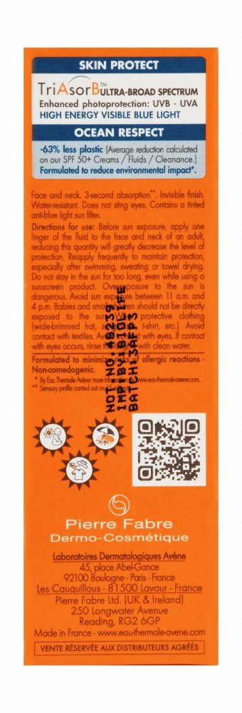 Avène Eau Thermale Water-Resistant Broad Spectrum Ultra Light Facial Sunscreen Fluid for Normal, Combination & Sensitive Skin SPF50+ - non comedogenic