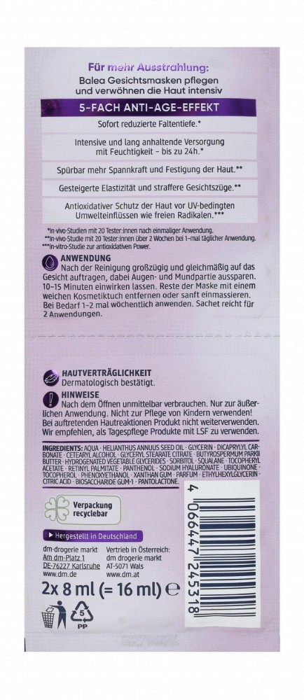 Balea Firming & Anti-Aging Facial Sheet Mask with Retinol & Vitamin E for Demanding Skin - vegan, microplastic free, synthetic polymers free