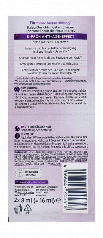 Balea Firming & Anti-Aging Facial Sheet Mask with Retinol & Vitamin E for Demanding Skin - vegan, microplastic free, synthetic polymers free