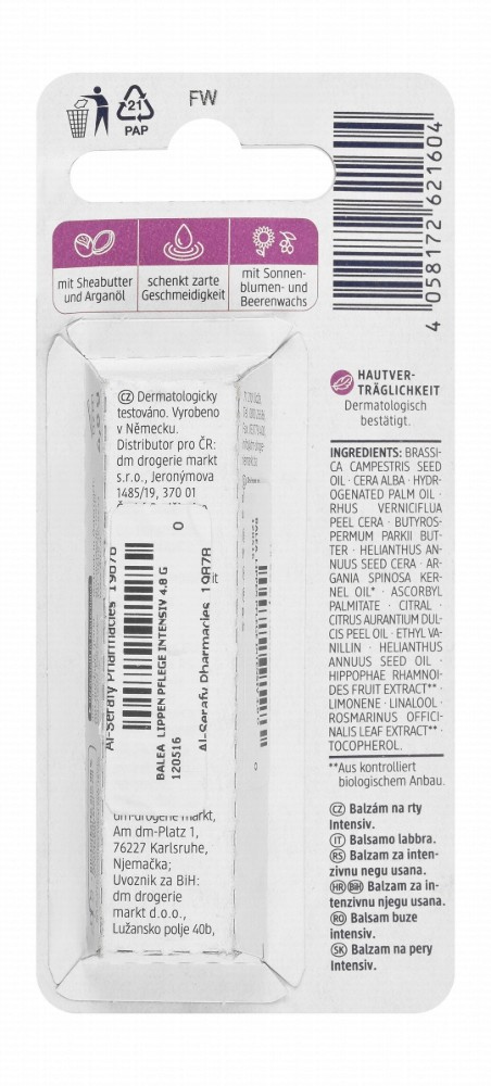 Balea Intensive Lip Balm with Shea Butter & Argan Oil for Dry Lips - microplastic free, synthetic polymers free