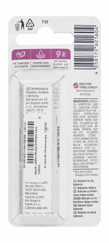 Balea Intensive Lip Balm with Shea Butter & Argan Oil for Dry Lips - microplastic free, synthetic polymers free