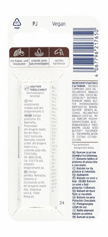 Balea Lip Balm Pistachio & Chocolate Flavor - vegan, mineral oils free, microplastic free