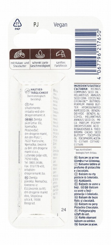 Balea Lip Balm Pistachio & Chocolate Flavor - vegan, mineral oils free, microplastic free