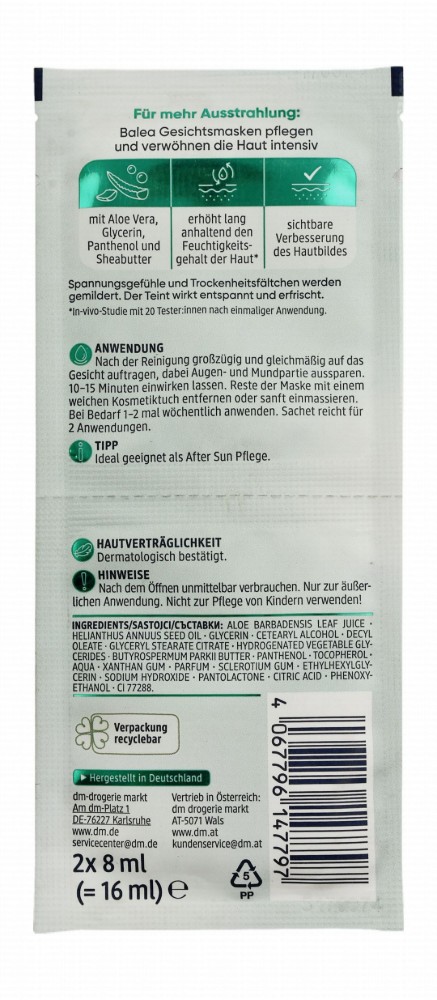 Balea Moisturizing & Refreshing Peel-Off Face Mask with Aloe Vera & Glycerin for All Skin Types - vegan, microplastic free