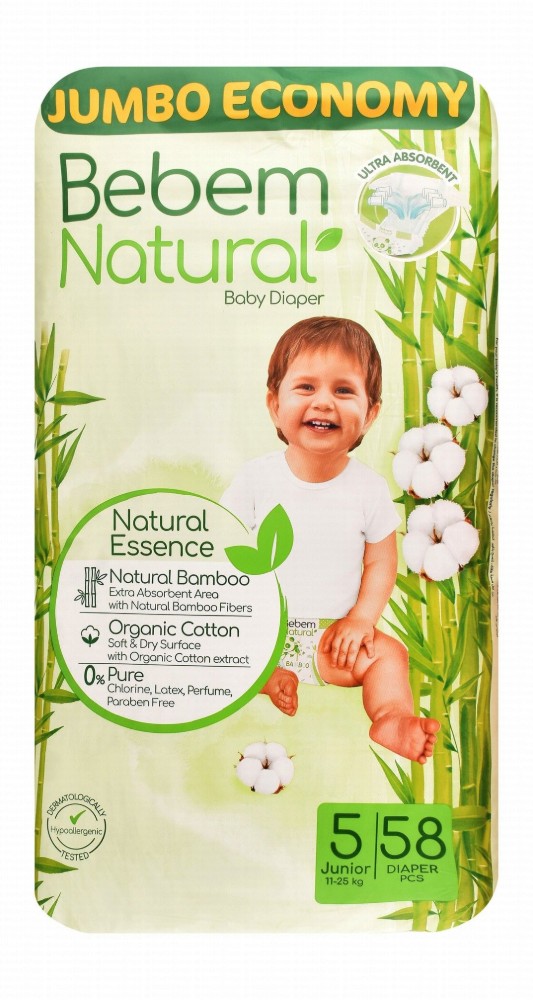 Bebem Natural Hypoallergenic Junior Baby Diapers with Bamboo Extract Size 5 (11-25kg) - latex free, parabens free, perfume free