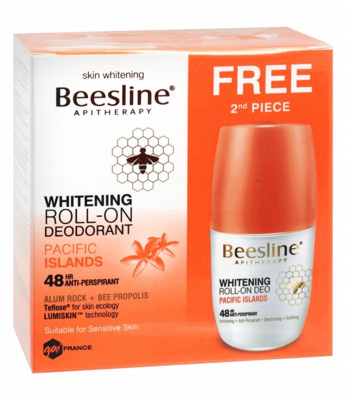 Beesline 48H Antiperspirant & Whitening Roll-On Deodorants Pacific Islands Scent with Alum Rock & Bee Propolis for Sensitive Skin (1+1 Free) - parabens free, aluminum chloride free, harsh ingredients free