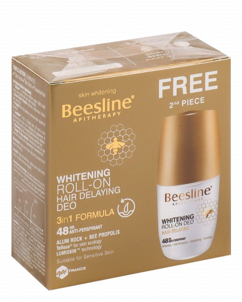 Beesline Apitherapy 3in1 48H Antiperspirant, Whitening & Hair Delaying Roll-On Deodorants for Sensitive Skin (1+1 Free) - parabens free, ethyl alcohol free