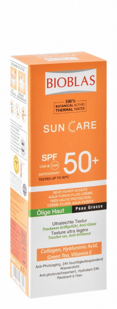 Bioblas Hypoallergenic Water-Resistant 24H Moisturizing Ultra Light Sunscreen with Collagen, Hyaluronic Acid & Green Tea for Oily Skin SPF50+