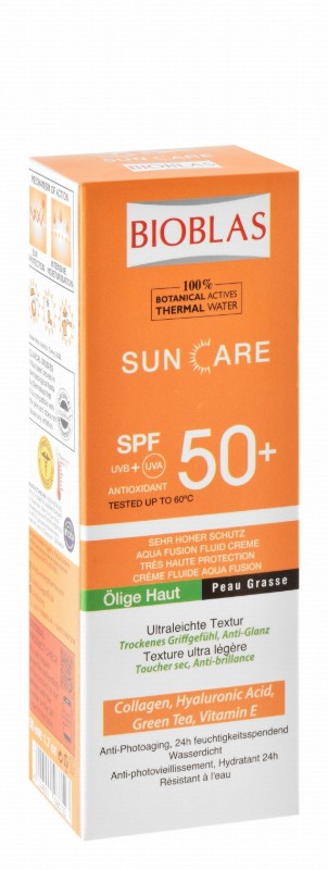 Bioblas Hypoallergenic Water-Resistant 24H Moisturizing Ultra Light Sunscreen with Collagen, Hyaluronic Acid & Green Tea for Oily Skin SPF50+