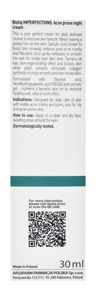 Bioliq Imperfections Non-Greasy Toning, Lightening & Texturizing Facial Night Cream with Salicylic & Mandelic Acids for Oily & Acne-Prone Skin