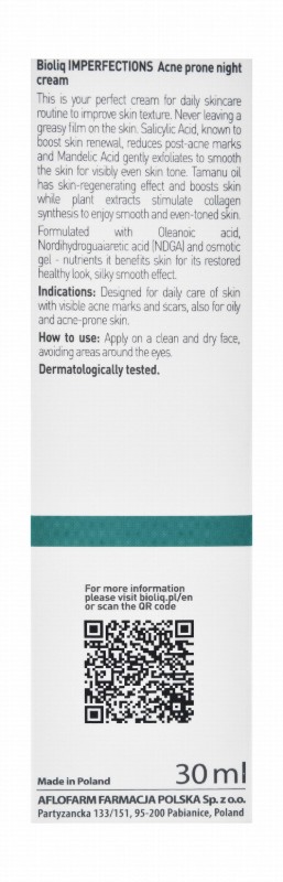 Bioliq Imperfections Non-Greasy Toning, Lightening & Texturizing Facial Night Cream with Salicylic & Mandelic Acids for Oily & Acne-Prone Skin