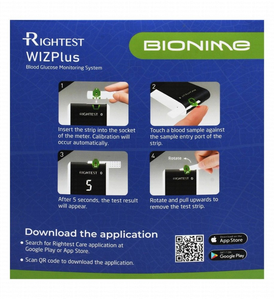 Bionime Rightest Wiz Plus Blood Glucose Monitoring System with Test Strips - Black & White