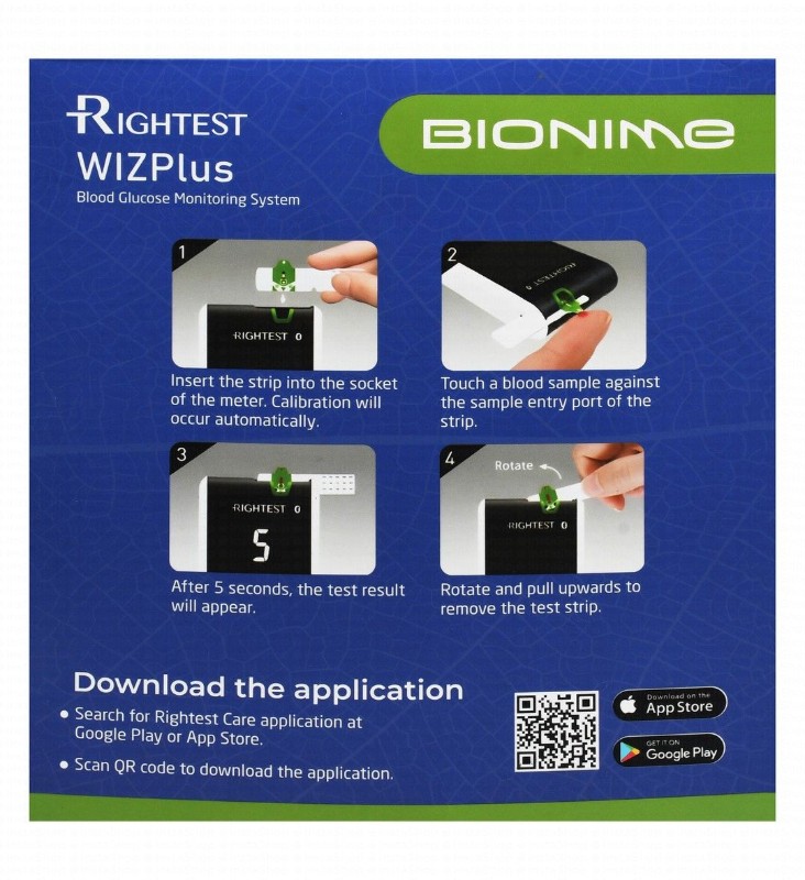 Bionime Rightest Wiz Plus Blood Glucose Monitoring System with Test Strips - Black & White