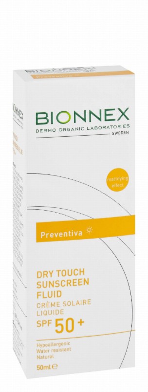 Bionnex Preventiva Organic Hypoallergenic Water-Resistant Dry Touch Face & Body Sunscreen Fluid for All Skin Types SPF50+ - parabens free, perfume free, mineral oil free