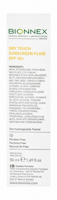 Bionnex Preventiva Organic Hypoallergenic Water-Resistant Dry Touch Face & Body Sunscreen Fluid for All Skin Types SPF50+ - parabens free, perfume free, mineral oil free