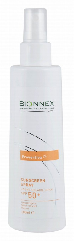 Bionnex Preventiva Organic Hypoallergenic Water-Resistant Face & Body Sunscreen Spray for All Skin Types SPF50+ - parabens free, perfume free, dyes free
