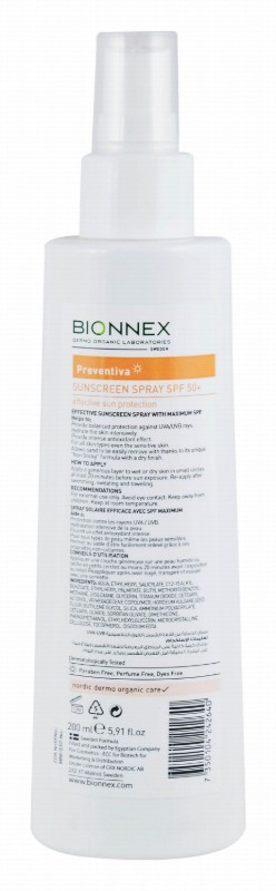 Bionnex Preventiva Organic Hypoallergenic Water-Resistant Face & Body Sunscreen Spray for All Skin Types SPF50+ - parabens free, perfume free, dyes free