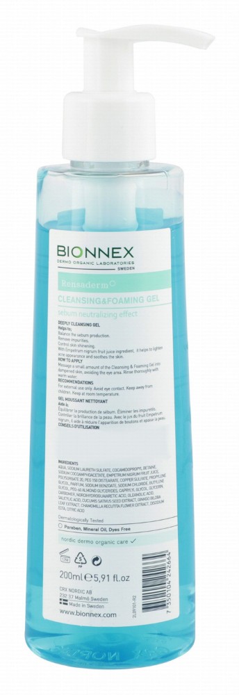 Bionnex Rensaderm Foaming Gel Facial Cleanser for Oily & Acne-Prone Skin - parabens free, mineral oil free, dyes free
