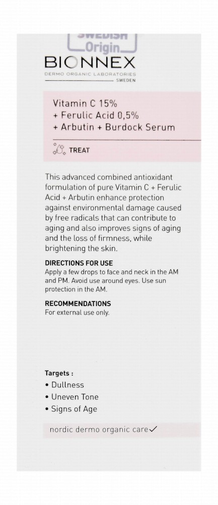 Bionnex The Nordea Antioxidant Concentrated Face Serum with Vitamin C, Ferulic Acid & Arbutin for All Skin Types - parabens free, cruelty free