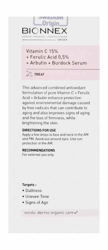 Bionnex The Nordea Antioxidant Concentrated Face Serum with Vitamin C, Ferulic Acid & Arbutin for All Skin Types - parabens free, cruelty free