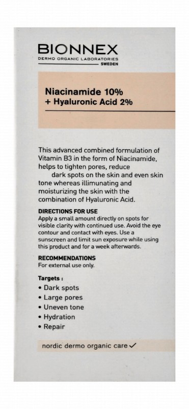 Bionnex The Nordea Organic Anti-Dark Spots & Pore Tightening Face Serum with Niacinamide & Hyaluronic Acid for All Skin Types - vegan