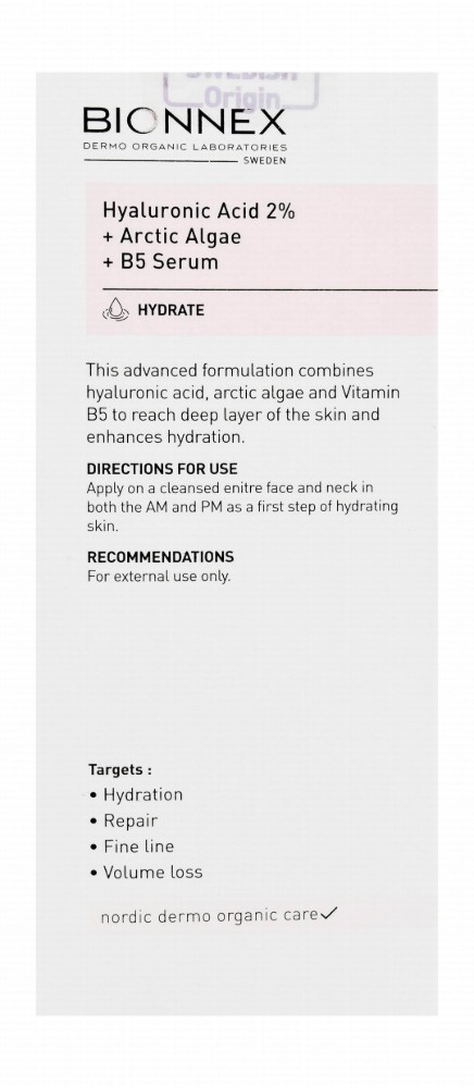 Bionnex The Nordea Organic Hydrating Concentrated Face Serum with Hyaluronic Acid, Arctic Algae & Vitamin B5 for All Skin Types - parabens free, cruelty free
