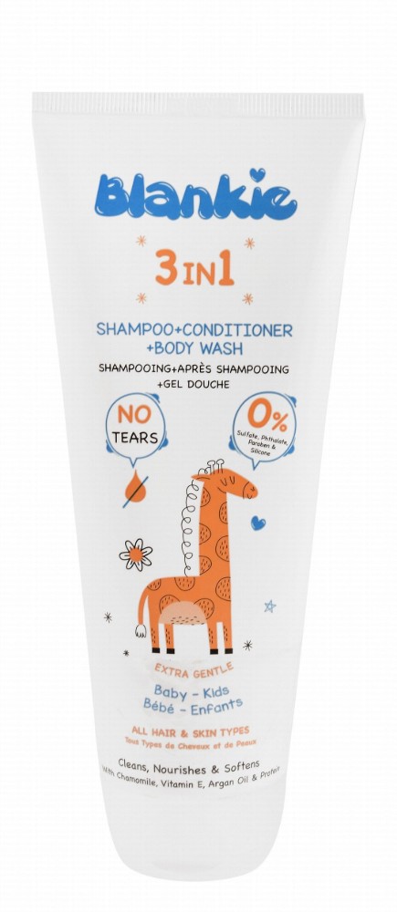 Blankie 3in1 Hypoallergenic Cleansing, Nourishing & Softening Baby Shampoo, Conditioner & Body Wash with Chamomile, Vitamin E & Argan Oil for All Hair & Skin Types - sulfate free, phthalate free, silicone free