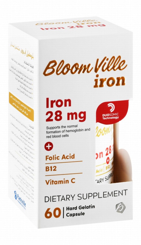 Bloom Ville 28mg Iron Hemoglobin & Red Blood Cell Formation Support Supplement with Folic Acid, Vitamin B12 & C