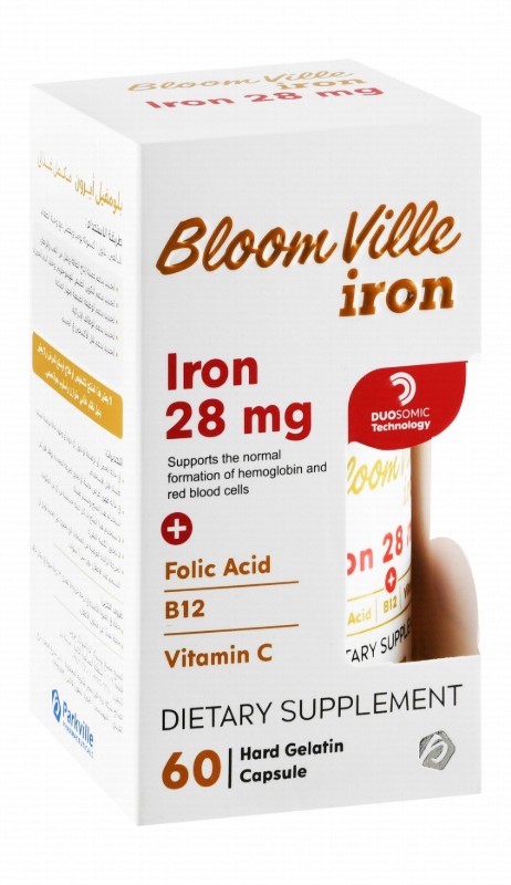Bloom Ville 28mg Iron Hemoglobin & Red Blood Cell Formation Support Supplement with Folic Acid, Vitamin B12 & C