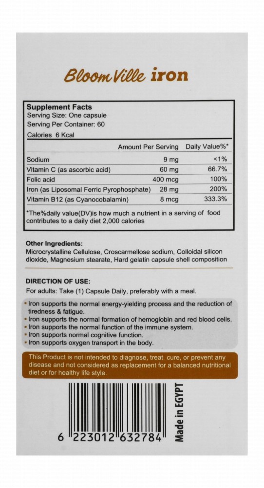 Bloom Ville 28mg Iron Hemoglobin & Red Blood Cell Formation Support Supplement with Folic Acid, Vitamin B12 & C