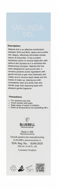 Bluebell Malinda Cleansing, Purifying & Exfoliating Face Gel with AHA & BHA for Oily & Acne-Prone Skin - soap free, parabens free