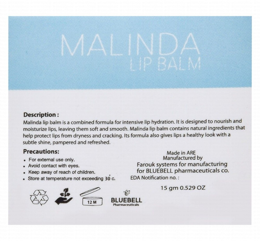 Bluebell Malinda Hydrating, Nourishing & Protecting Balm for Chapped Lips - parabens free, alcohol free, preservatives free