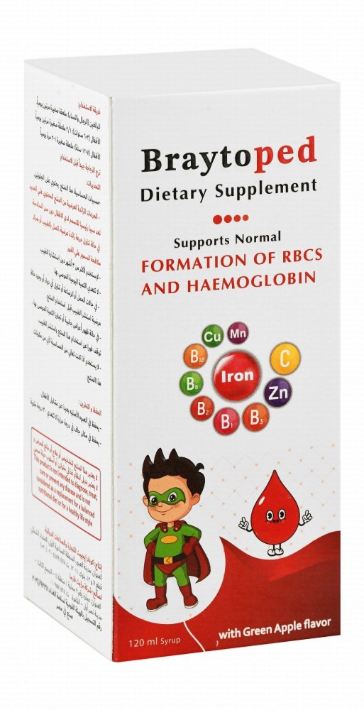 Braytoped 14mg Iron RBCs & Hemoglobin Normal Formation Support Supplement Syrup Green Apple Flavor with Zinc, Copper & Manganese (3+ Years)