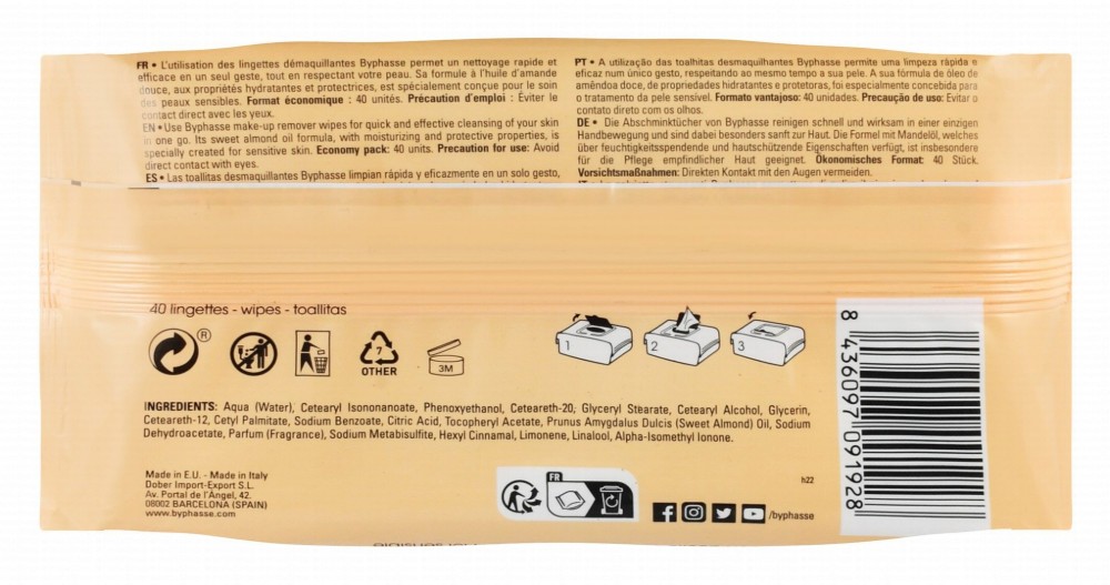 Byphasse Face & Eye Makeup Remover Wipes with Sweet Almond Oil for Sensitive Skin