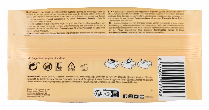 Byphasse Face & Eye Makeup Remover Wipes with Sweet Almond Oil for Sensitive Skin